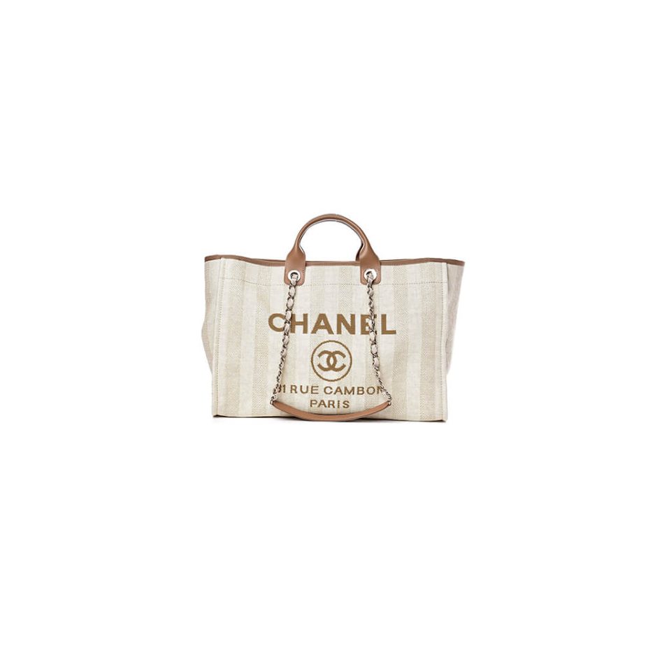 CHANEL Woven Straw Raffia Striped Medium Deauville Tote 